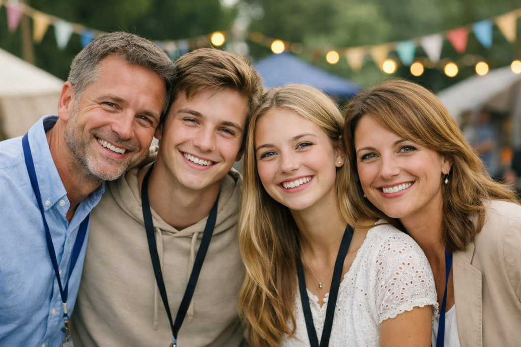 Op de foto zie je een vader en zoon en moeder en dochter.